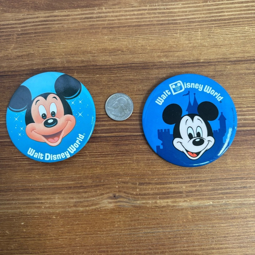 Vintage Walt Disney World Mickey Mouse Pinback Button Badge Lot of 2 Disney